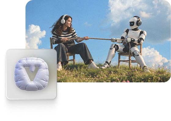 A human and an AI robot working together outdoors