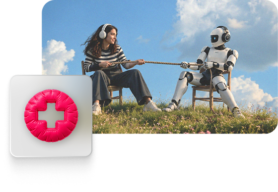 A healthcare assistant and robot working together, with a pink medical support badge