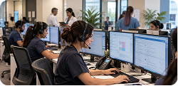 Healthcare support team coordinating a busy clinic