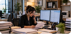 Assistant reviewing patient documentation at a workstation