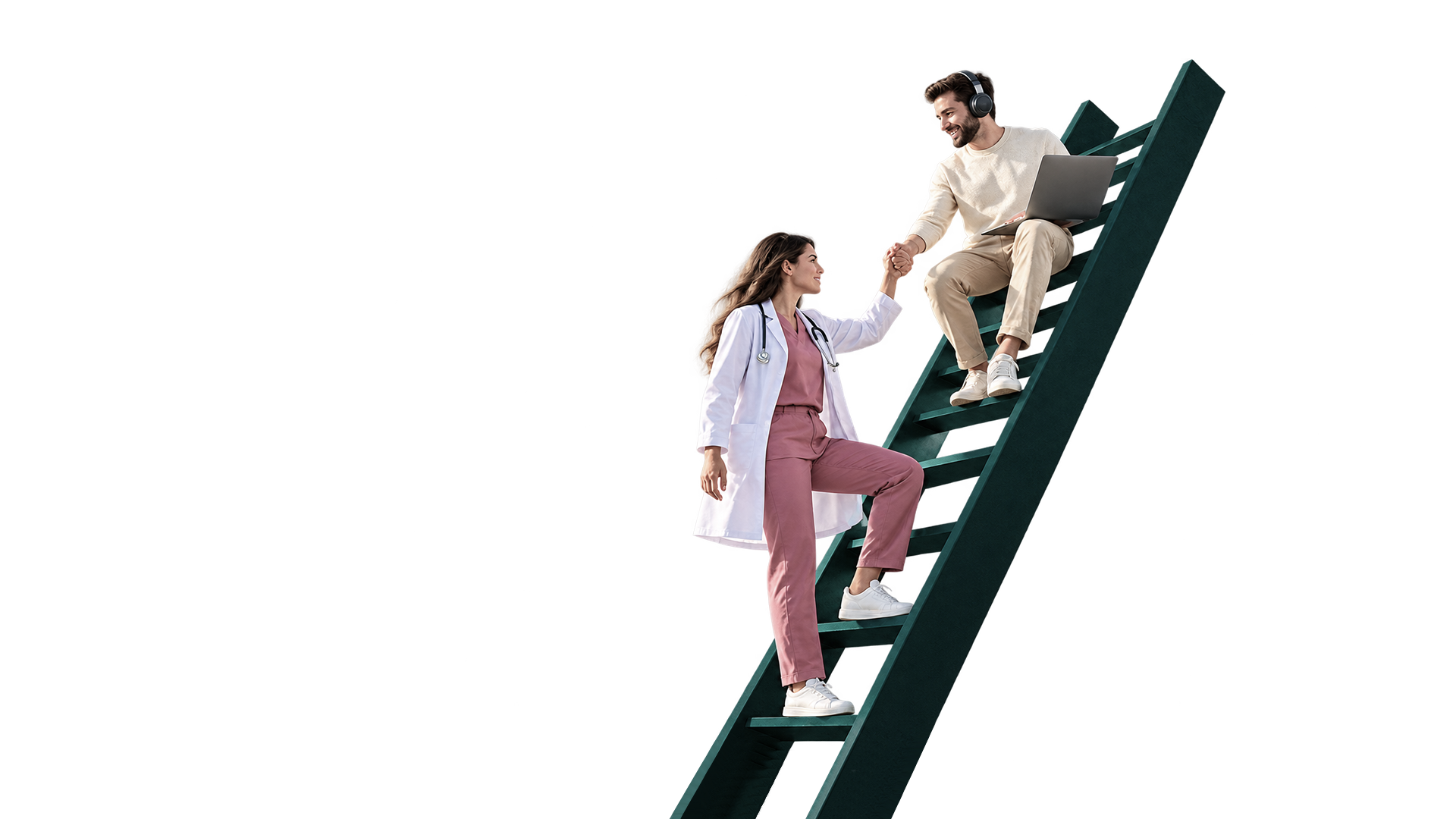 A healthcare professional and virtual assistant climbing toward the clouds
